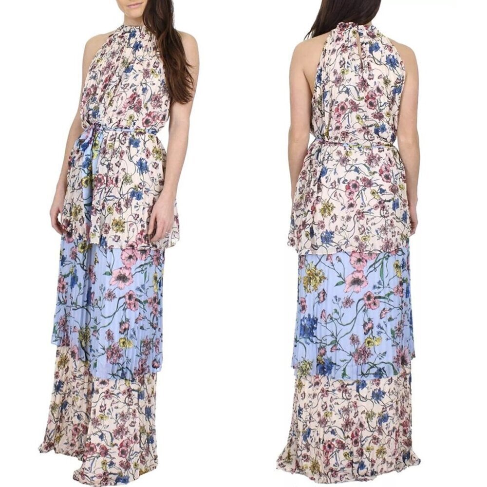 Juicy Couture Black Label Floral Print Mix Pleated Maxi Dress 35937